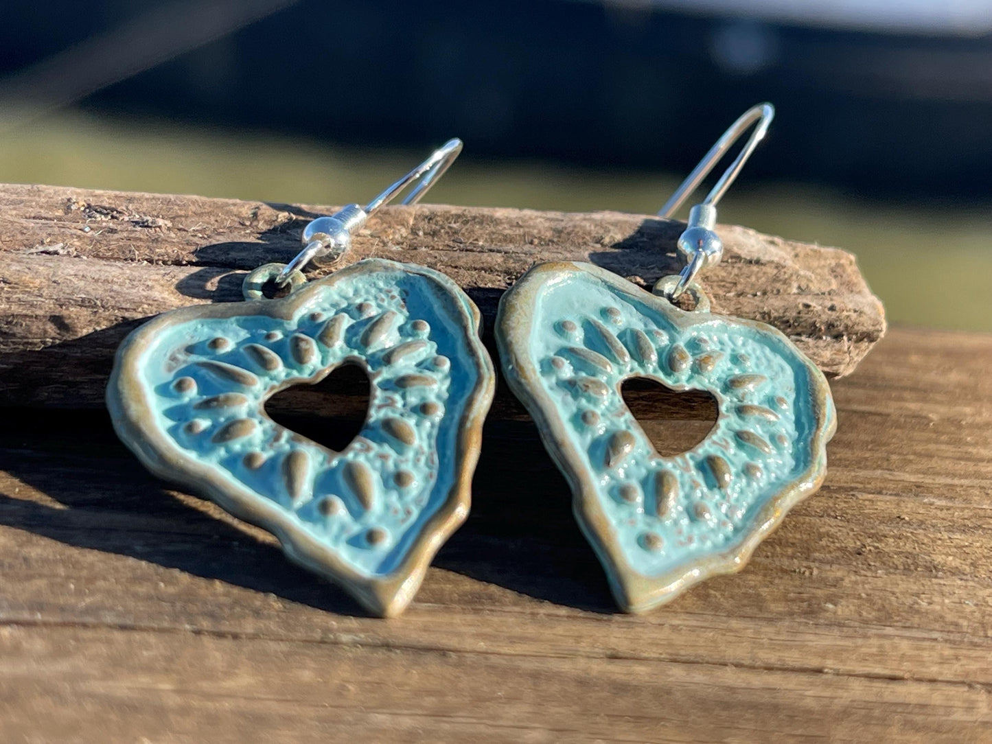 Handmade heart earrings. Rustic earrings, unusual earrings, unusual gift for her, blue earrings, boho earrings, heart jewellery, hippy gift