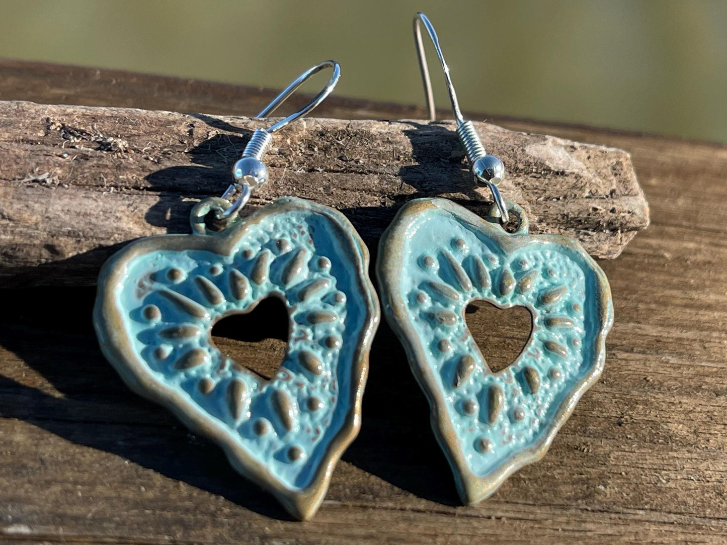 Handmade heart earrings. Rustic earrings, unusual earrings, unusual gift for her, blue earrings, boho earrings, heart jewellery, hippy gift