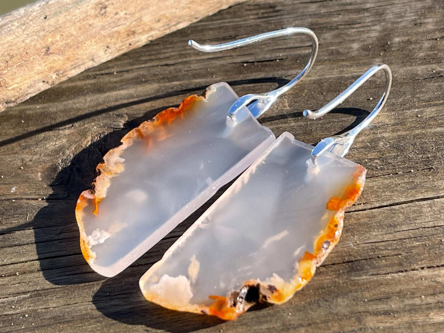 Cherry Blossum Agate gemstone earrings. Long drop dangly earrings. Orange gemstone earrings. Ethical jewellery, orange jewellery. Handmade.