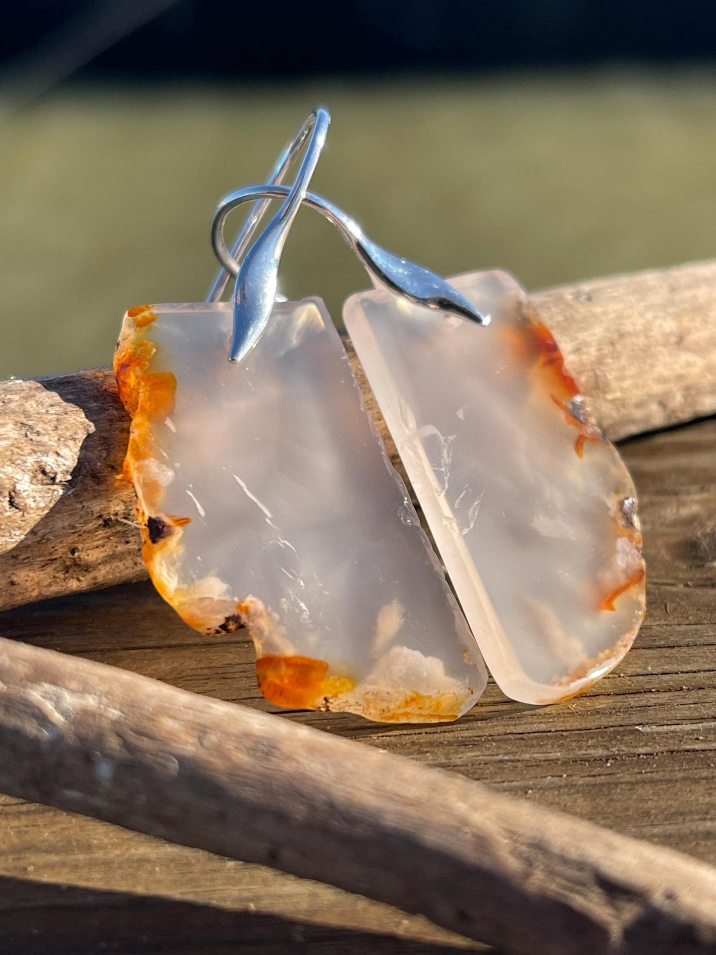 Cherry Blossum Agate gemstone earrings. Long drop dangly earrings. Orange gemstone earrings. Ethical jewellery, orange jewellery. Handmade.