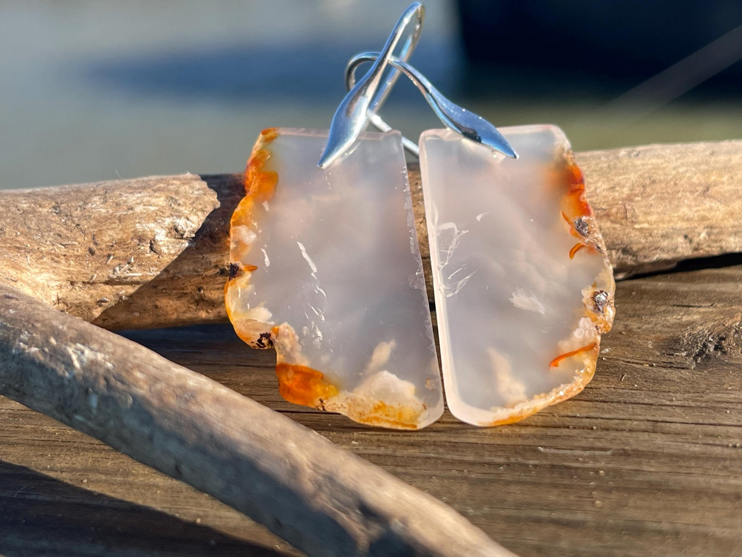 Cherry Blossum Agate gemstone earrings. Long drop dangly earrings. Orange gemstone earrings. Ethical jewellery, orange jewellery. Handmade.