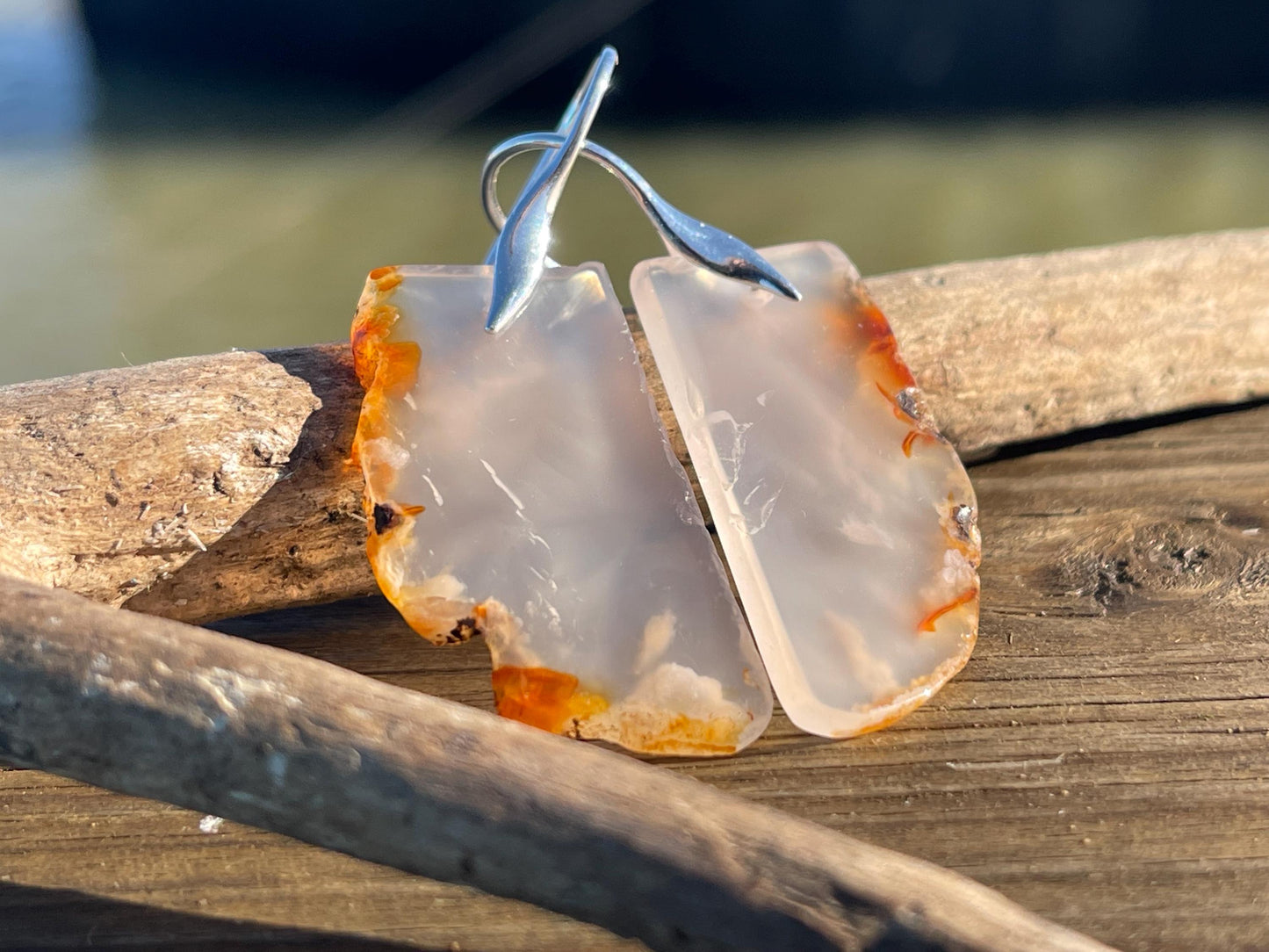 Cherry Blossum Agate gemstone earrings. Long drop dangly earrings. Orange gemstone earrings. Ethical jewellery, orange jewellery. Handmade.