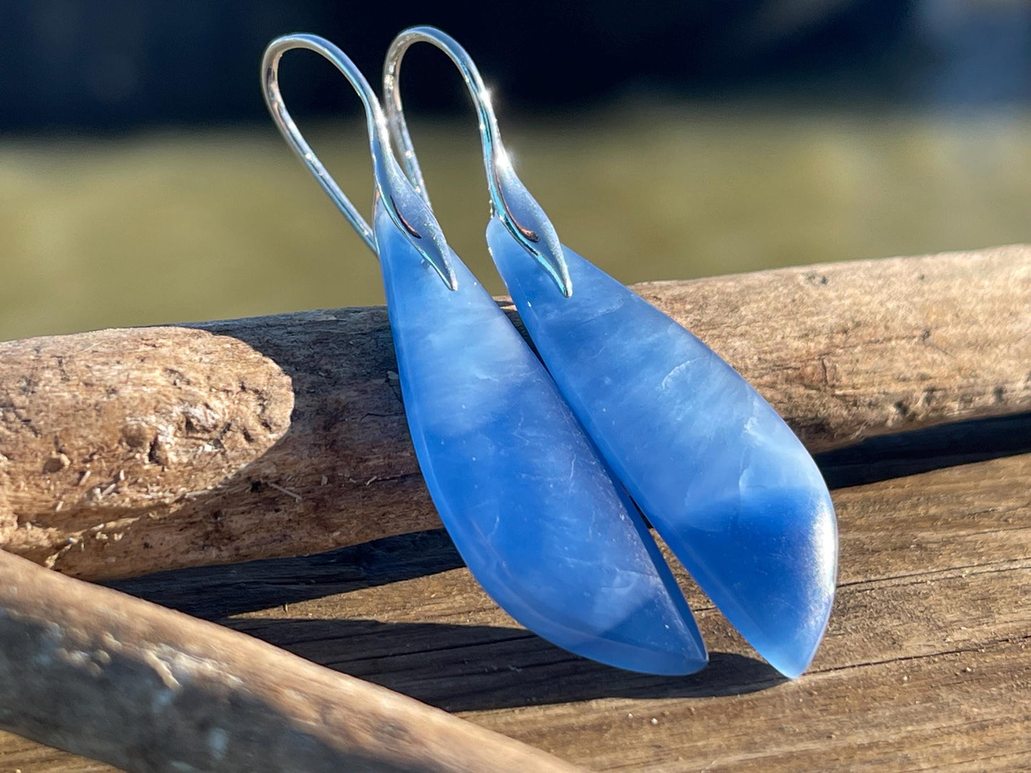 Blue onyx gemstone earrings. Long drop dangly earrings. Blue gemstone earrings. Ethical jewellery, blue jewellery. Handmade onyx jewellery.