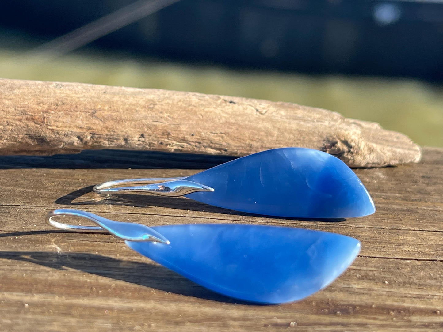 Blue onyx gemstone earrings. Long drop dangly earrings. Blue gemstone earrings. Ethical jewellery, blue jewellery. Handmade onyx jewellery.