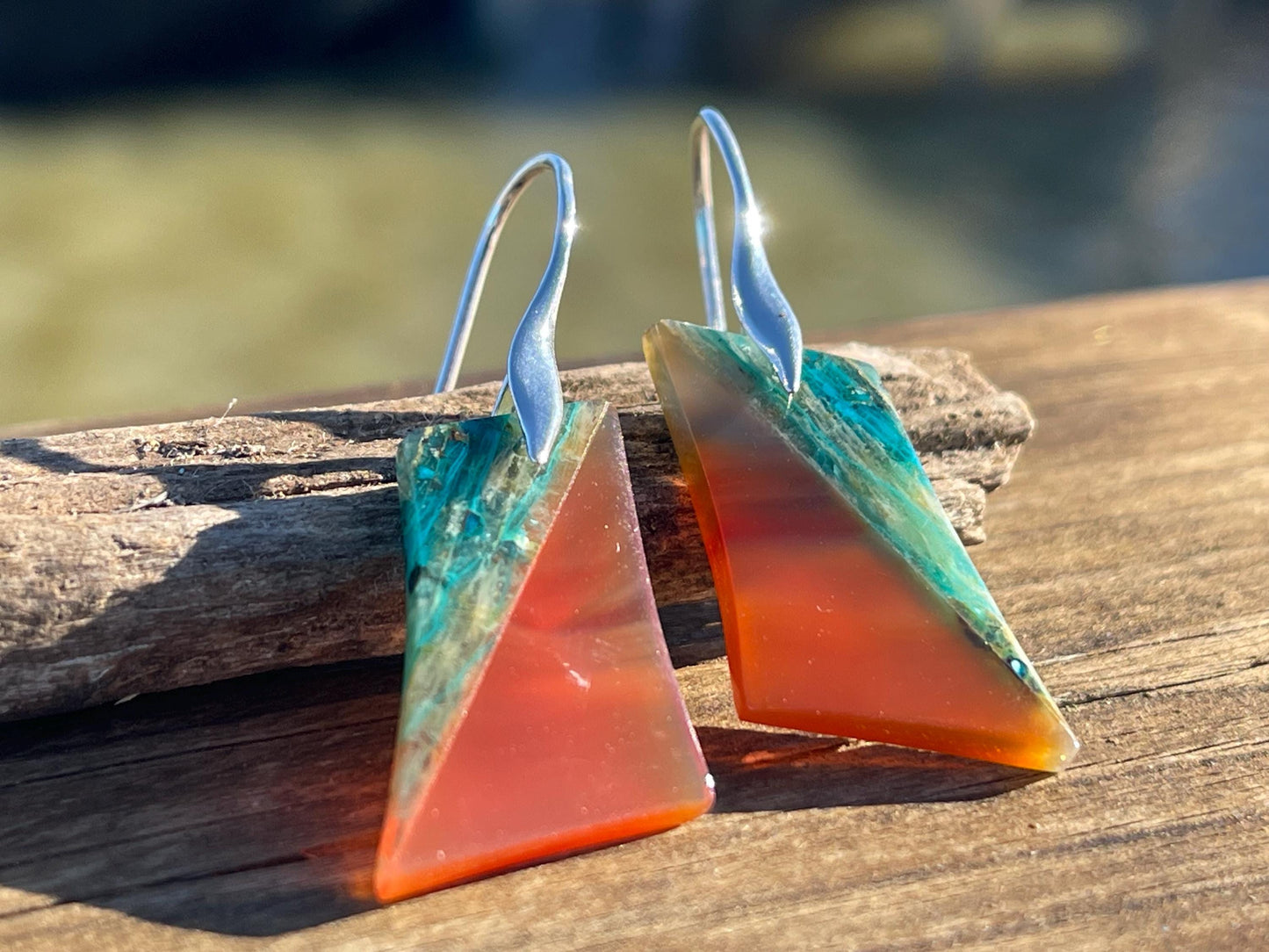 Chrysocolla gemstone earrings on sterling silver & gold. Ethical jewellery, green gemstone earrings. Stunning unique jewellery. Unique gifts