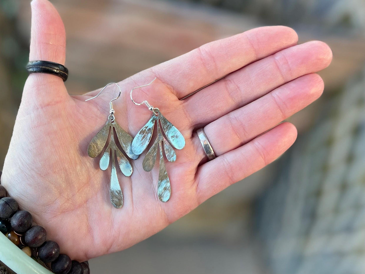 Handmade leaf earrings. Rustic earrings, unusual earrings, unusual gift for her, blue earrings, boho earrings, heart jewellery, hippy gift