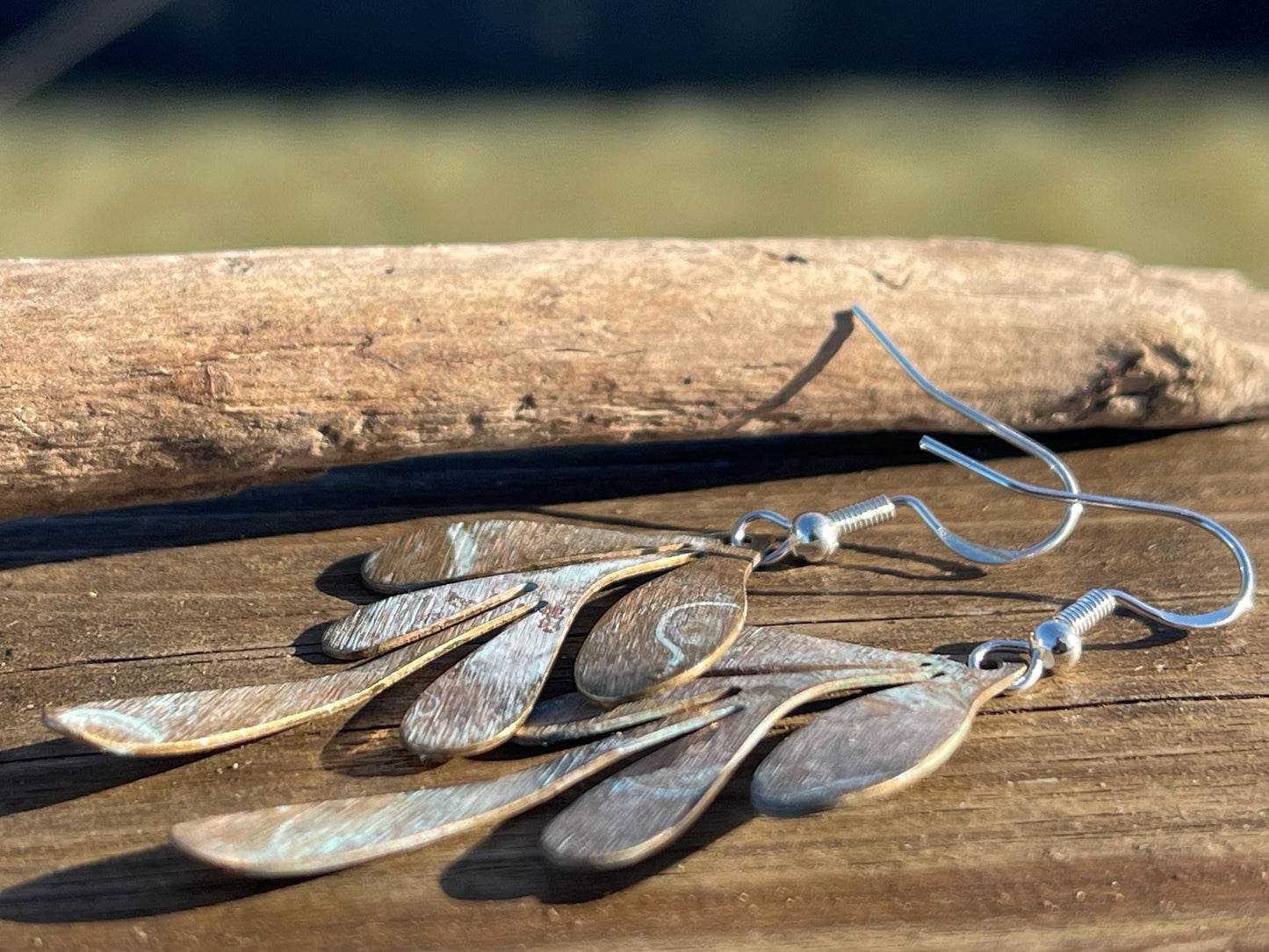 Handmade leaf earrings. Rustic earrings, unusual earrings, unusual gift for her, blue earrings, boho earrings, heart jewellery, hippy gift