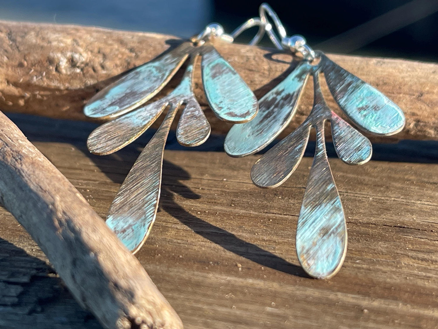 Handmade leaf earrings. Rustic earrings, unusual earrings, unusual gift for her, blue earrings, boho earrings, heart jewellery, hippy gift