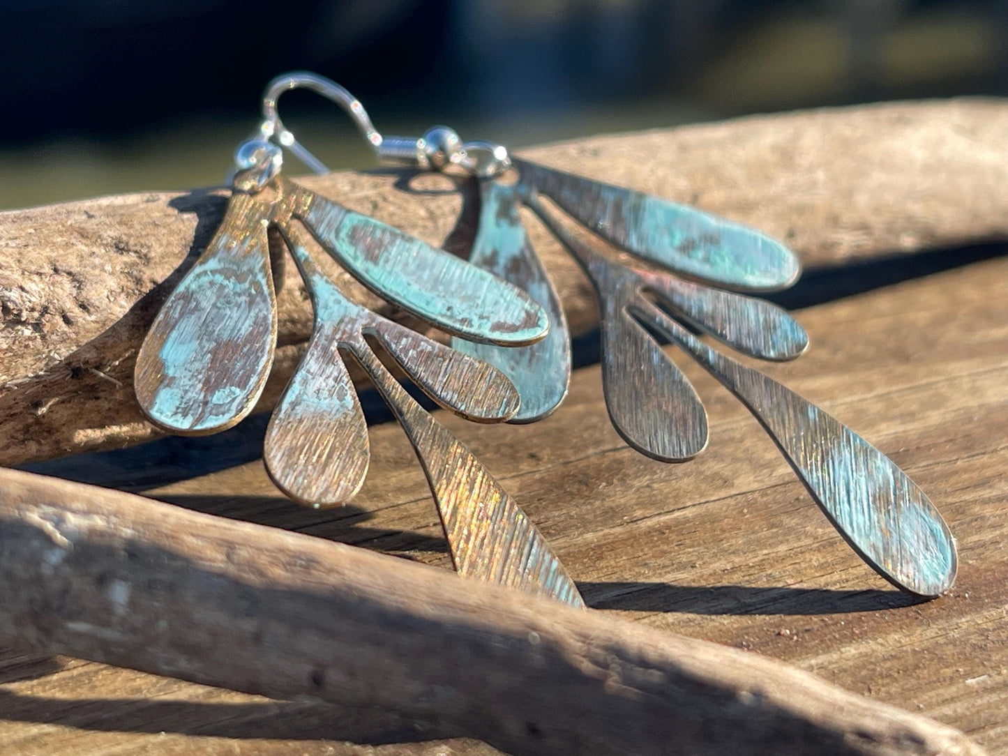 Handmade leaf earrings. Rustic earrings, unusual earrings, unusual gift for her, blue earrings, boho earrings, heart jewellery, hippy gift