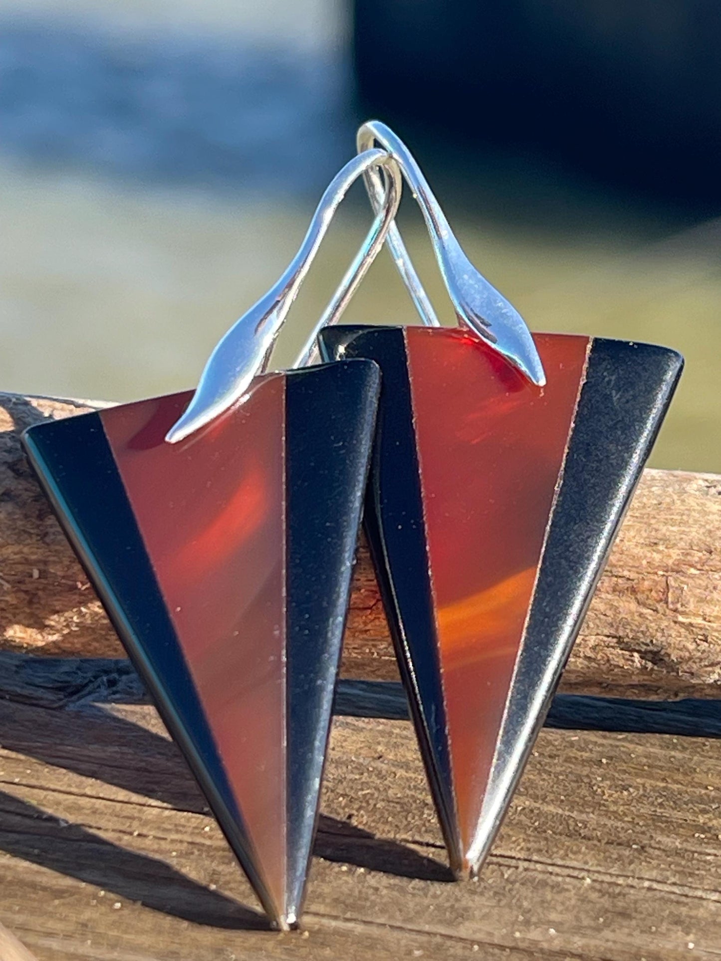 Obsidian and red agate gemstone earrings on sterling silver. Ethical and unique jewellery. Red and black earrings. Unique handmade earrings.