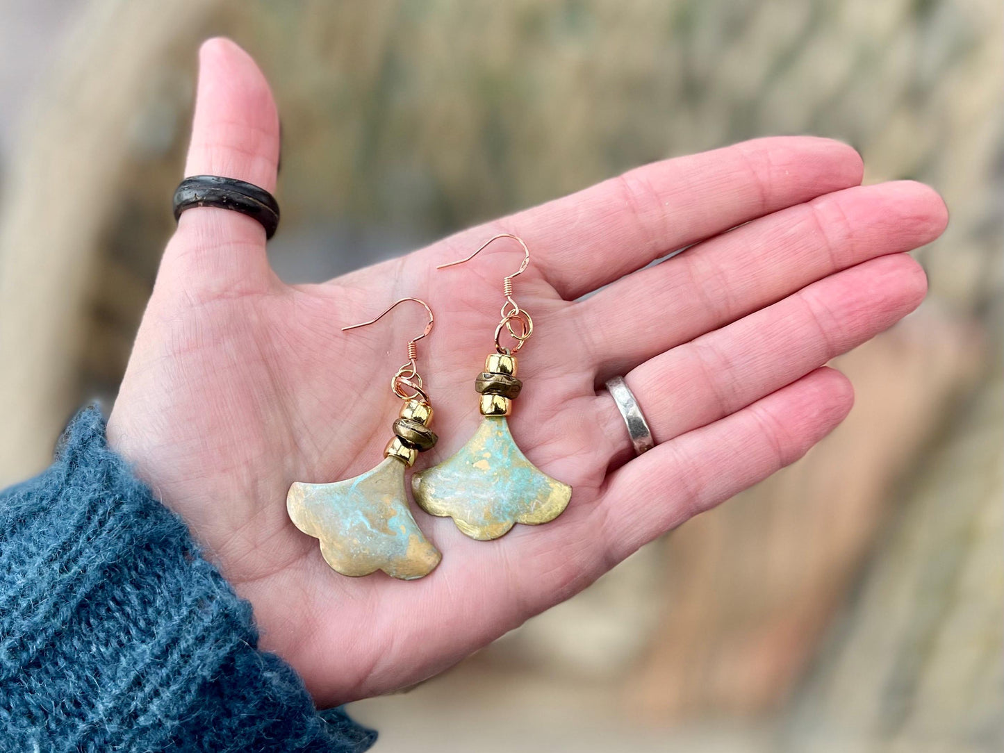 Handmade patina earrings. Rustic earrings, unusual earrings, unusual gift for her, blue earrings, boho earrings, large statement earrings.