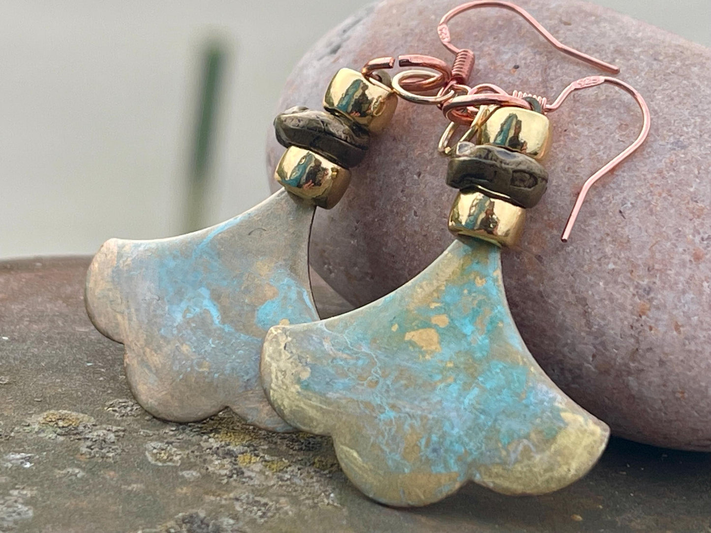 Handmade patina earrings. Rustic earrings, unusual earrings, unusual gift for her, blue earrings, boho earrings, large statement earrings.