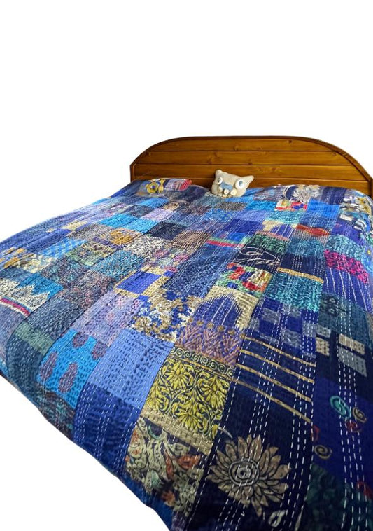 KING SIZE Blue bedspread made from vintage fabrics. Stunning patchwork bed throw. Multi- coloured.