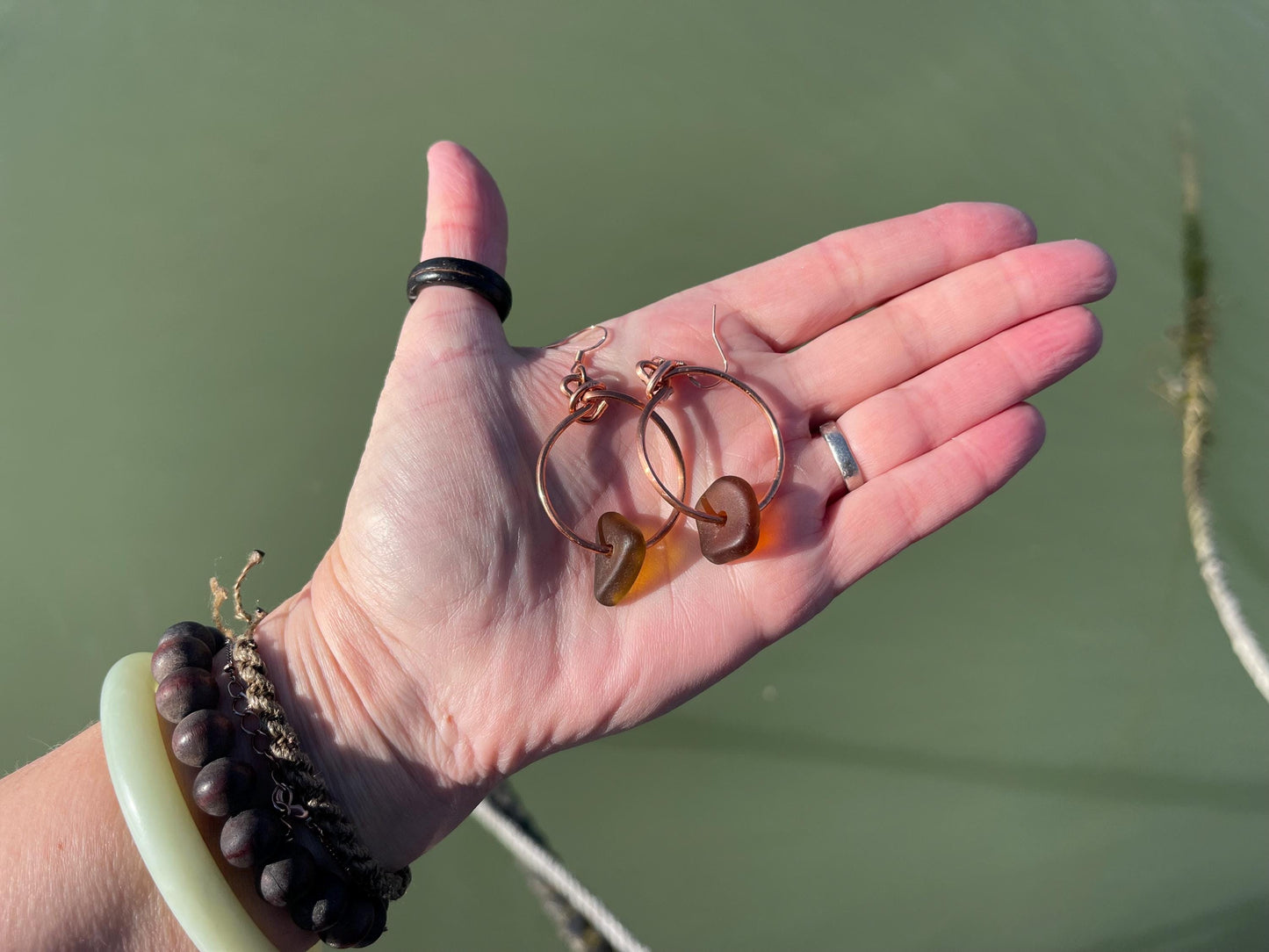 Sea glass and recycled copper earrings, unique earrings, ethical jewellery, unusual boho jewellery, sea glass jewellery, orange sea glass