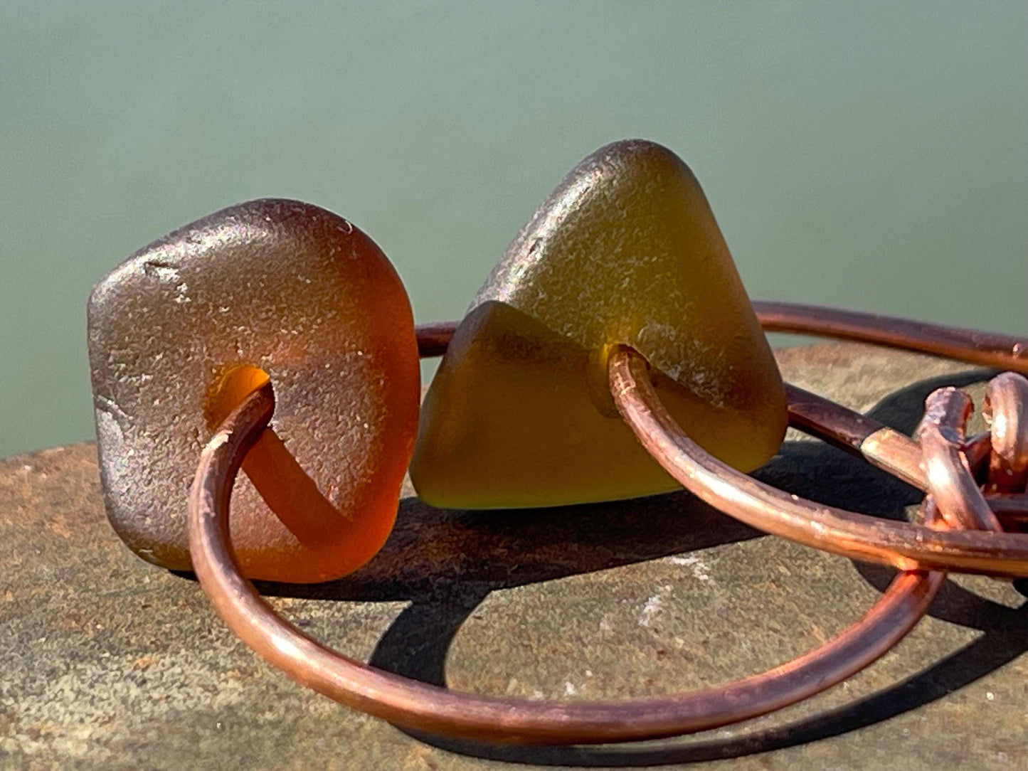 Sea glass and recycled copper earrings, unique earrings, ethical jewellery, unusual boho jewellery, sea glass jewellery, orange sea glass