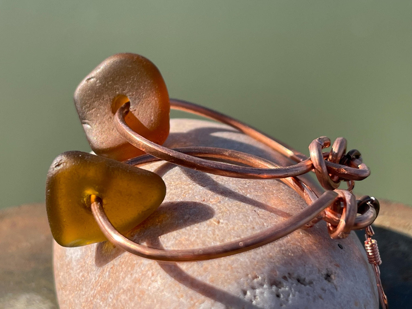 Sea glass and recycled copper earrings, unique earrings, ethical jewellery, unusual boho jewellery, sea glass jewellery, orange sea glass