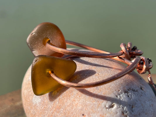 Sea glass and recycled copper earrings, unique earrings, ethical jewellery, unusual boho jewellery, sea glass jewellery, orange sea glass