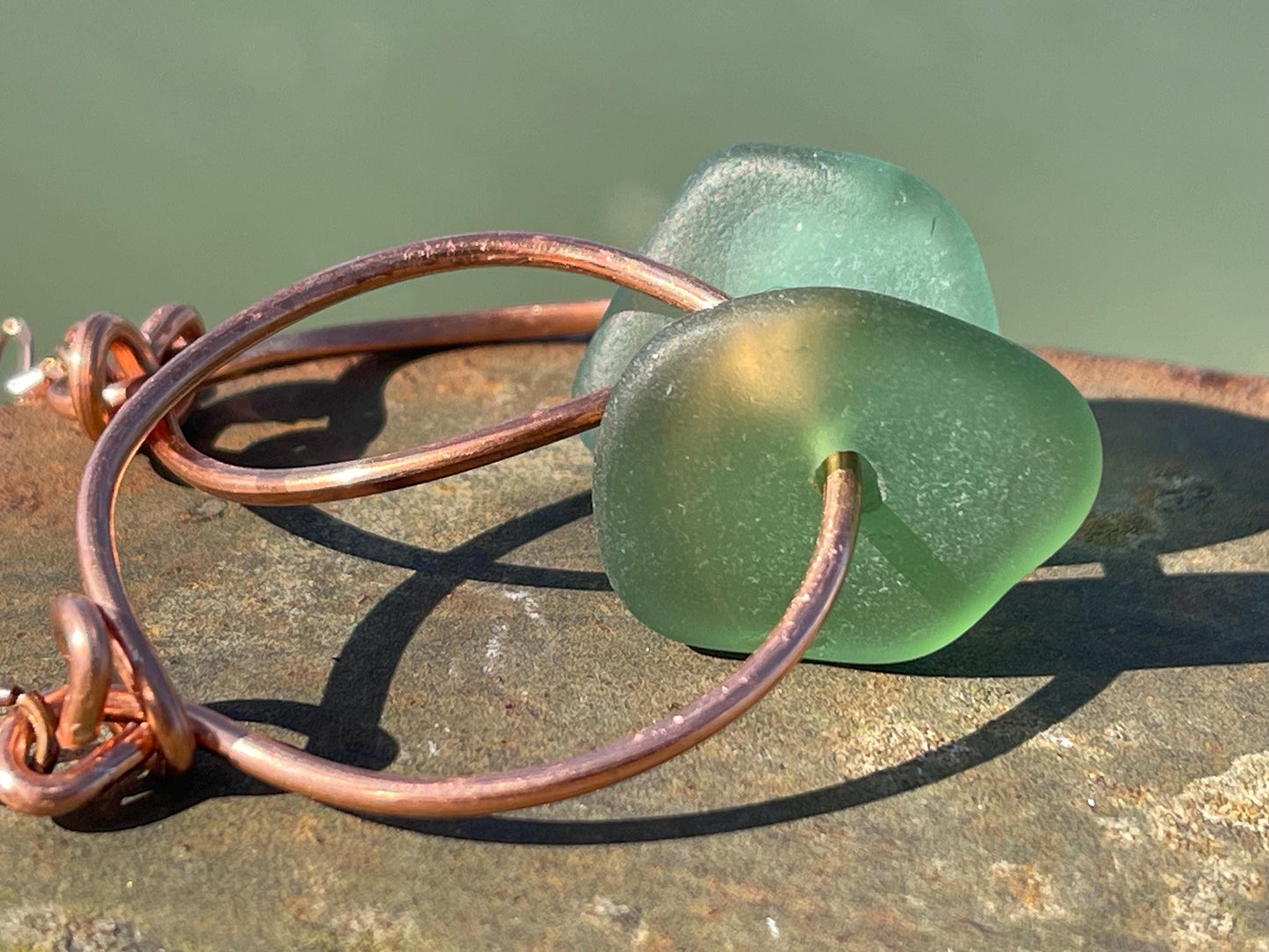 Eco friendly green sea glass and recycled copper earrings. Unique earrings, ethical jewellery, unusual boho jewellery, sea glass jewellery.