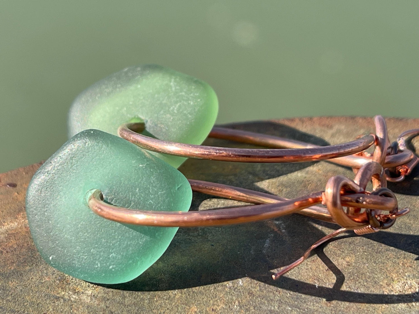 Eco friendly green sea glass and recycled copper earrings. Unique earrings, ethical jewellery, unusual boho jewellery, sea glass jewellery.