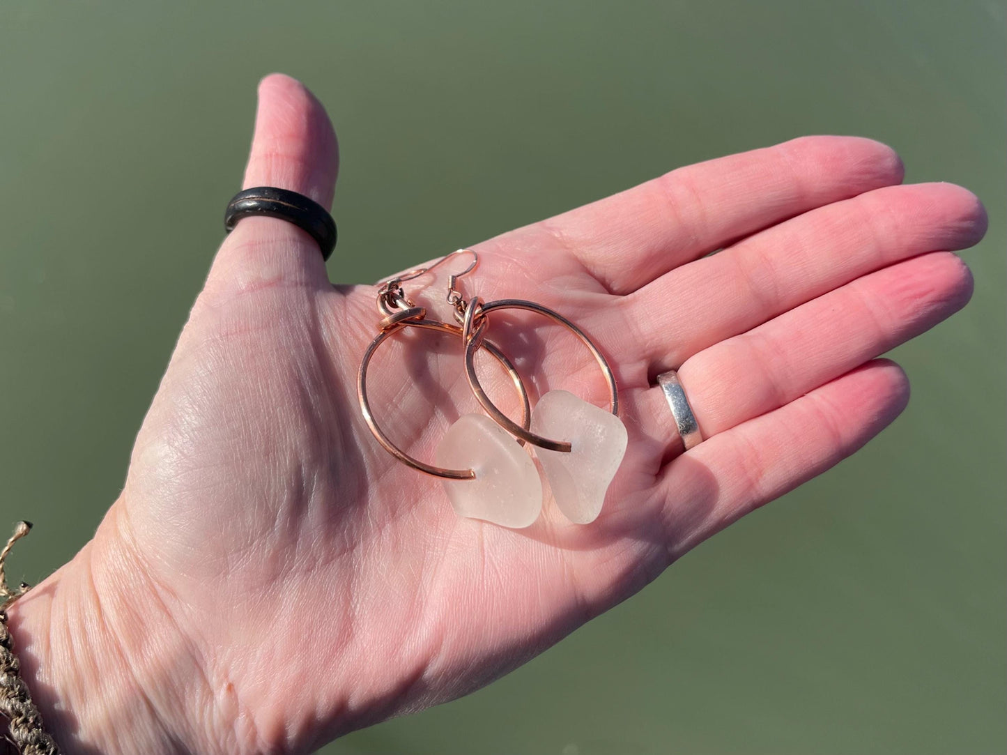 Eco friendly white sea glass and recycled copper earrings. Unique earrings, ethical jewellery, unusual boho jewellery, sea glass jewellery.