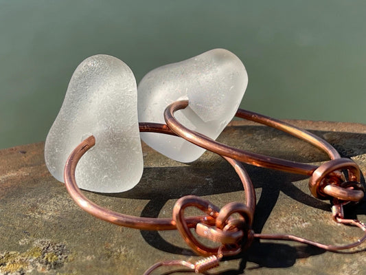 Eco friendly white sea glass and recycled copper earrings. Unique earrings, ethical jewellery, unusual boho jewellery, sea glass jewellery.