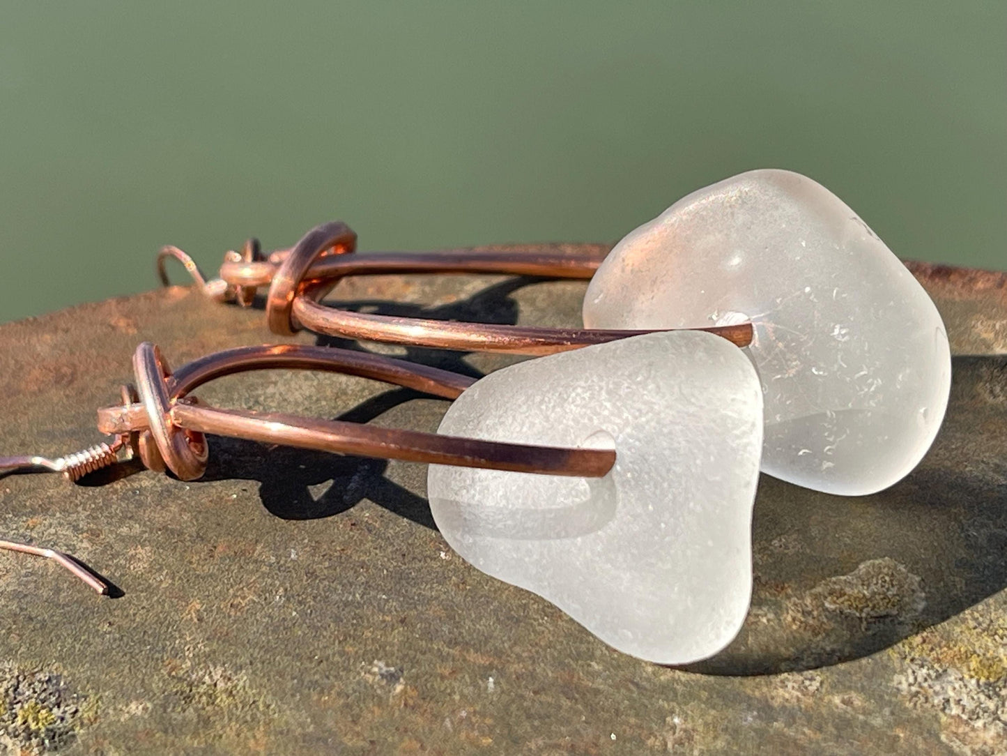 Eco friendly white sea glass and recycled copper earrings. Unique earrings, ethical jewellery, unusual boho jewellery, sea glass jewellery.