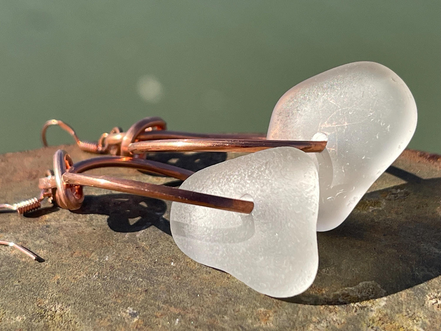 Eco friendly white sea glass and recycled copper earrings. Unique earrings, ethical jewellery, unusual boho jewellery, sea glass jewellery.