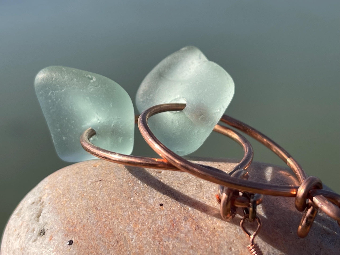 Eco friendly aqua sea glass and recycled copper earrings. Unique earrings, ethical jewellery, unusual boho jewellery, sea glass jewellery.