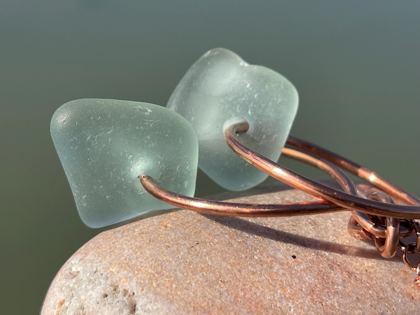 Eco friendly aqua sea glass and recycled copper earrings. Unique earrings, ethical jewellery, unusual boho jewellery, sea glass jewellery.