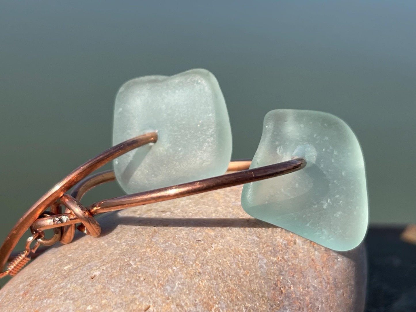 Eco friendly aqua sea glass and recycled copper earrings. Unique earrings, ethical jewellery, unusual boho jewellery, sea glass jewellery.