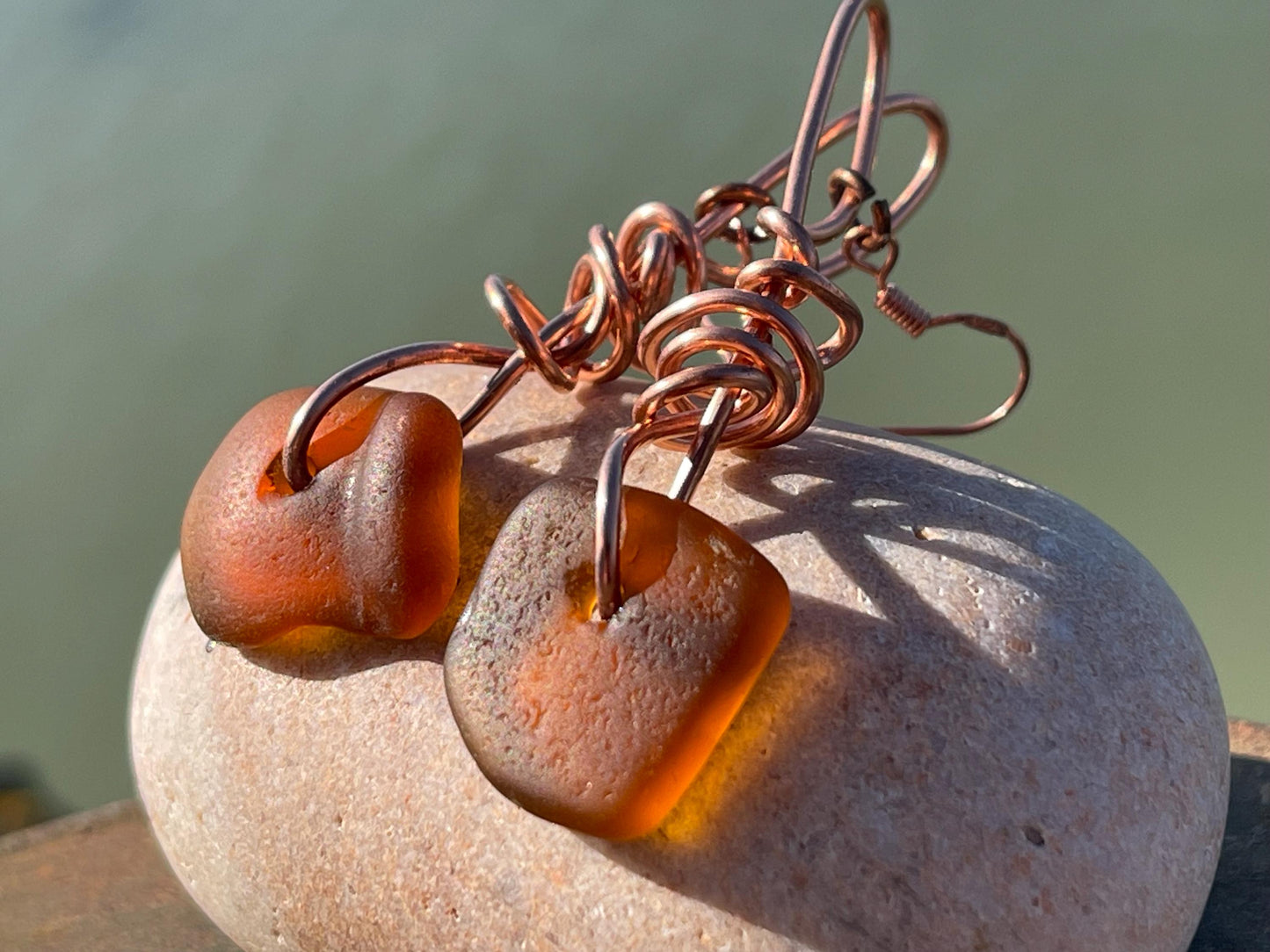 Sea glass and recycled copper earrings, unique earrings, ethical jewellery, unusual boho jewellery, sea glass jewellery, orange sea glass