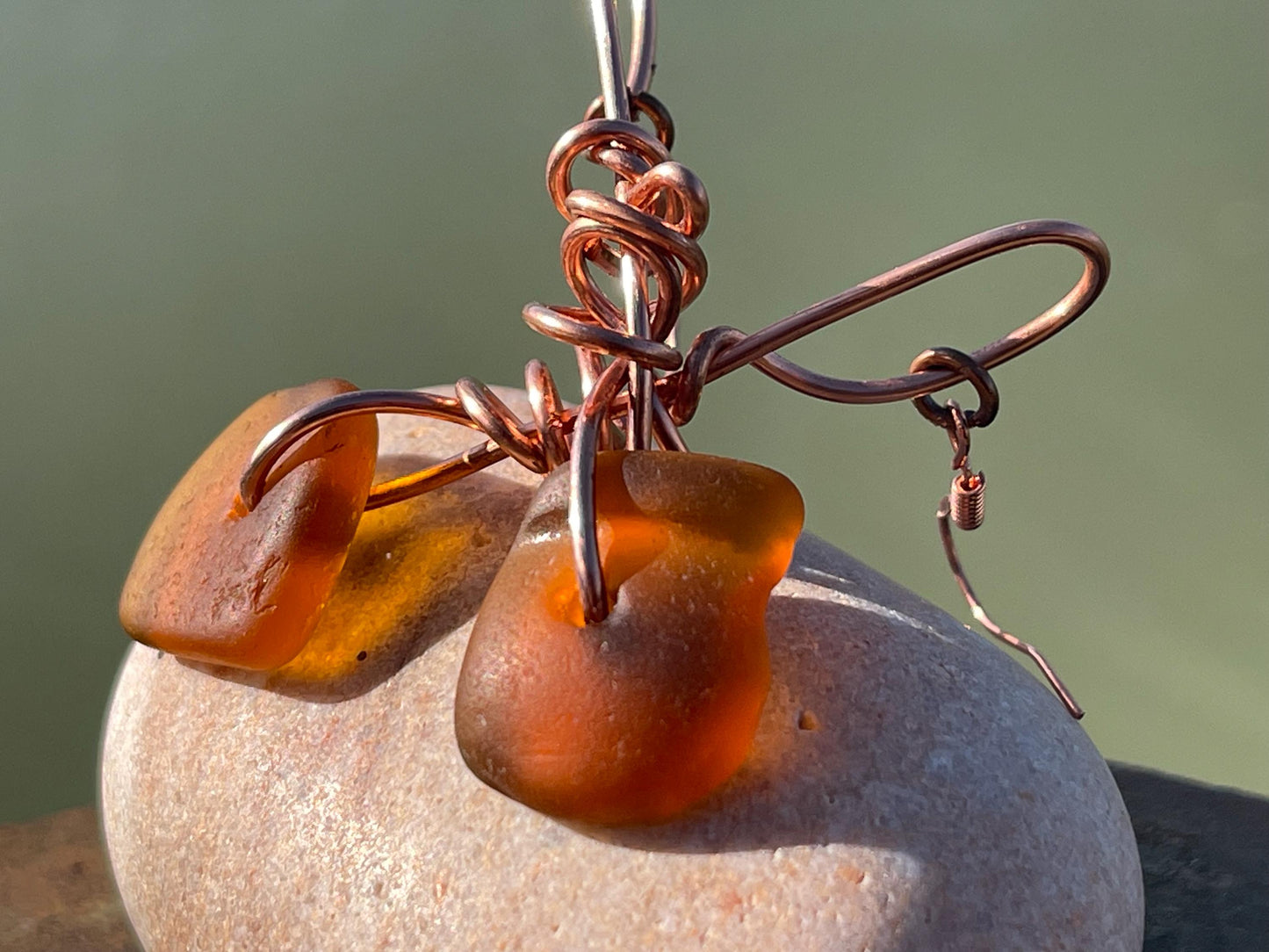 Sea glass and recycled copper earrings, unique earrings, ethical jewellery, unusual boho jewellery, sea glass jewellery, orange sea glass