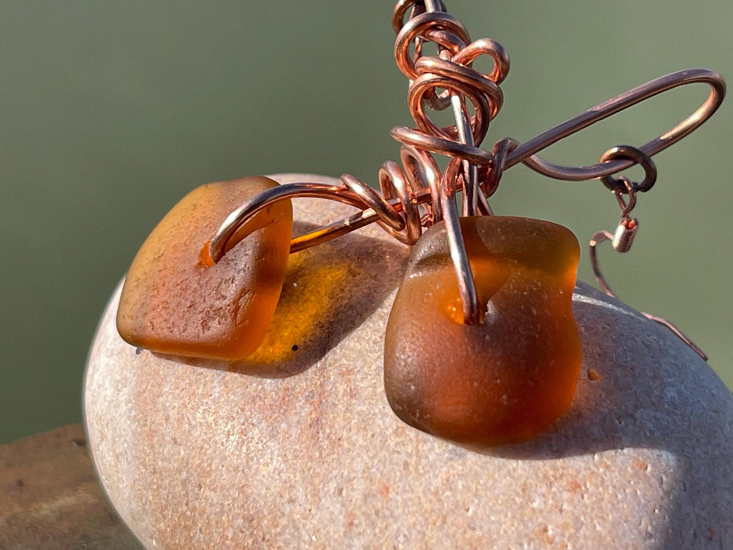 Sea glass and recycled copper earrings, unique earrings, ethical jewellery, unusual boho jewellery, sea glass jewellery, orange sea glass