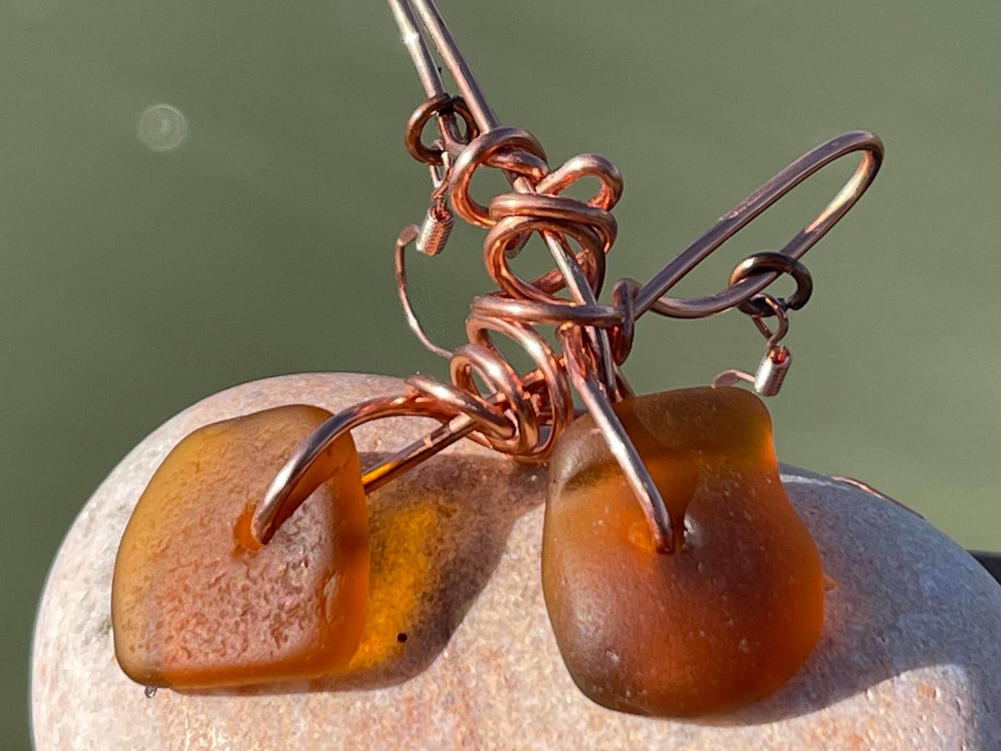 Sea glass and recycled copper earrings, unique earrings, ethical jewellery, unusual boho jewellery, sea glass jewellery, orange sea glass