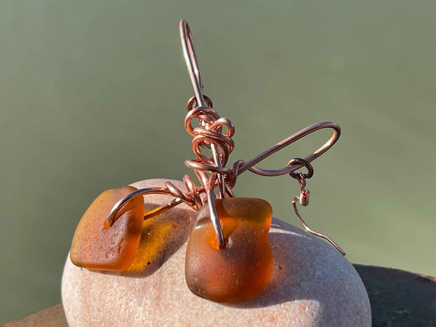 Sea glass and recycled copper earrings, unique earrings, ethical jewellery, unusual boho jewellery, sea glass jewellery, orange sea glass