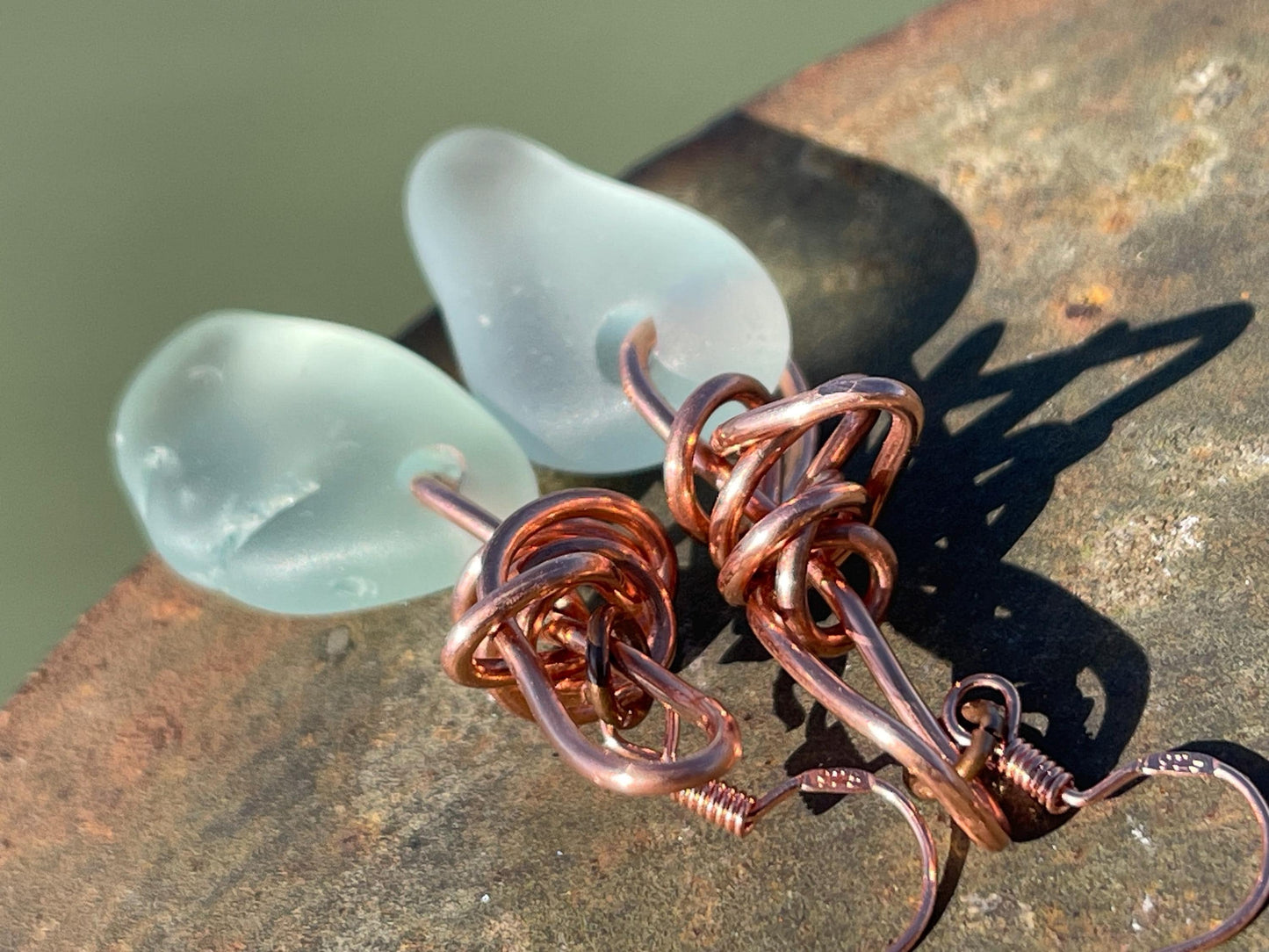 Eco friendly aqua sea glass and recycled copper earrings. Unique earrings, ethical jewellery, unusual boho jewellery, sea glass jewellery.