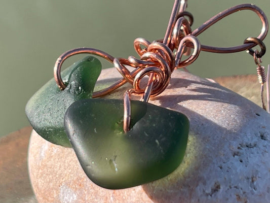 Eco friendly green sea glass and recycled copper earrings. Unique earrings, ethical jewellery, unusual boho jewellery, sea glass jewellery.