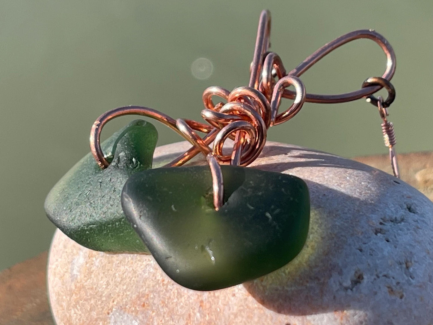 Eco friendly green sea glass and recycled copper earrings. Unique earrings, ethical jewellery, unusual boho jewellery, sea glass jewellery.