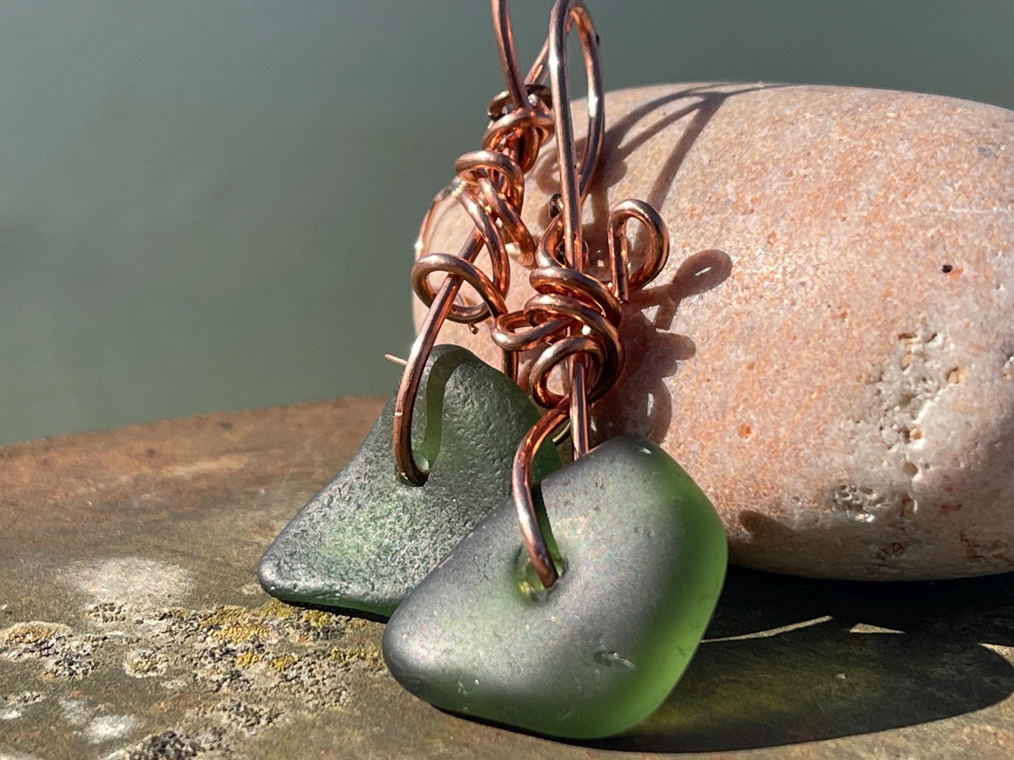 Eco friendly green sea glass and recycled copper earrings. Unique earrings, ethical jewellery, unusual boho jewellery, sea glass jewellery.