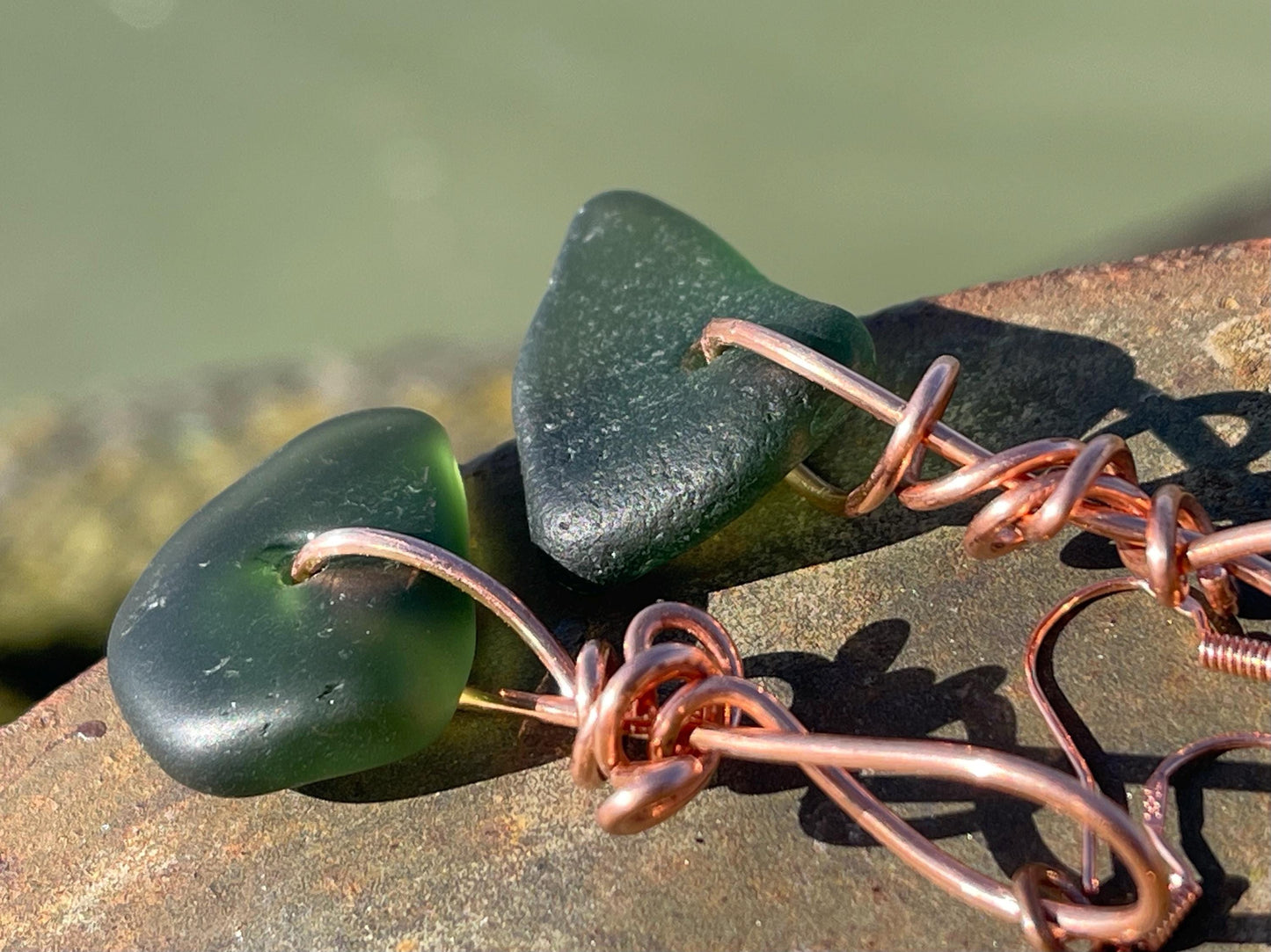 Eco friendly green sea glass and recycled copper earrings. Unique earrings, ethical jewellery, unusual boho jewellery, sea glass jewellery.