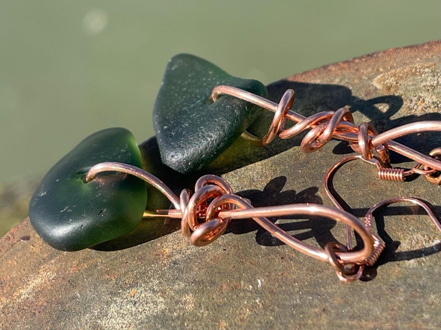 Eco friendly green sea glass and recycled copper earrings. Unique earrings, ethical jewellery, unusual boho jewellery, sea glass jewellery.