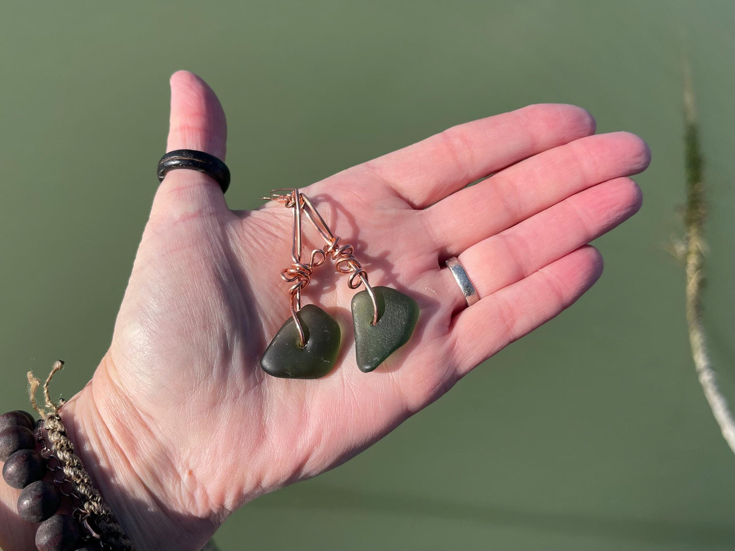 Eco friendly green sea glass and recycled copper earrings. Unique earrings, ethical jewellery, unusual boho jewellery, sea glass jewellery.