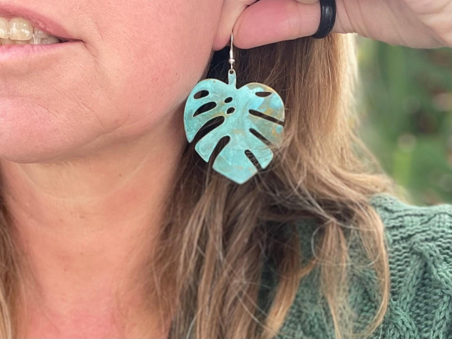 Handmade leaf earrings. Rustic earrings, unusual earrings, unusual gift for her, blue earrings, boho earrings, large statement earrings.