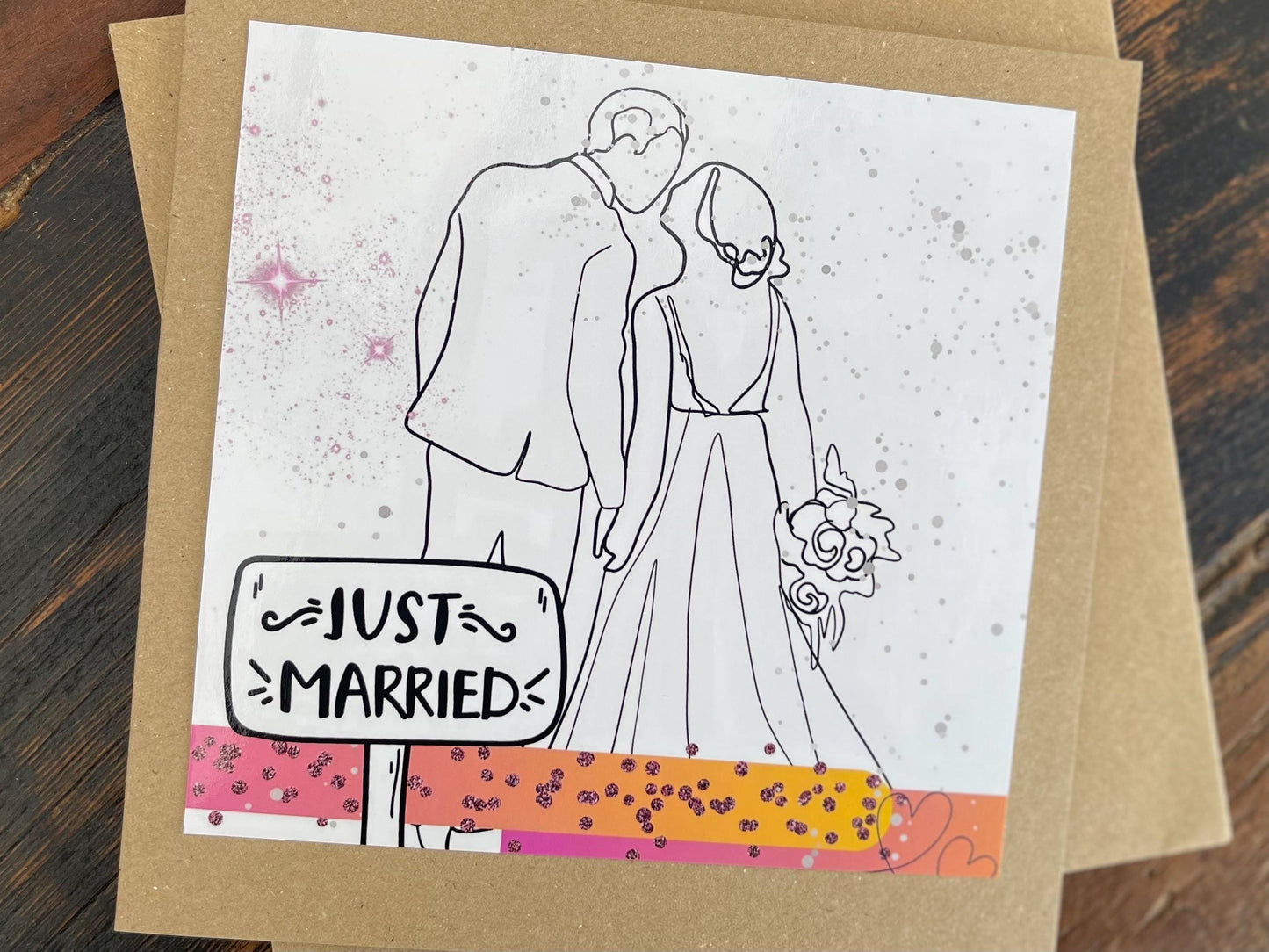 Just married card, recycled handmade wedding card. Homemade wedding card. Eco friendly wedding card. Recycled wedding card.