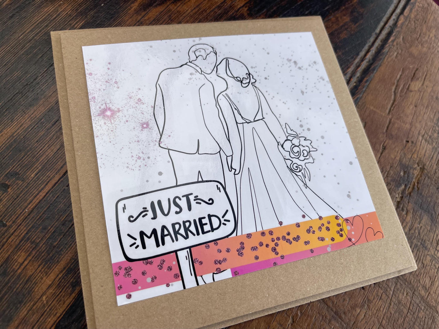 Just married card, recycled handmade wedding card. Homemade wedding card. Eco friendly wedding card. Recycled wedding card.