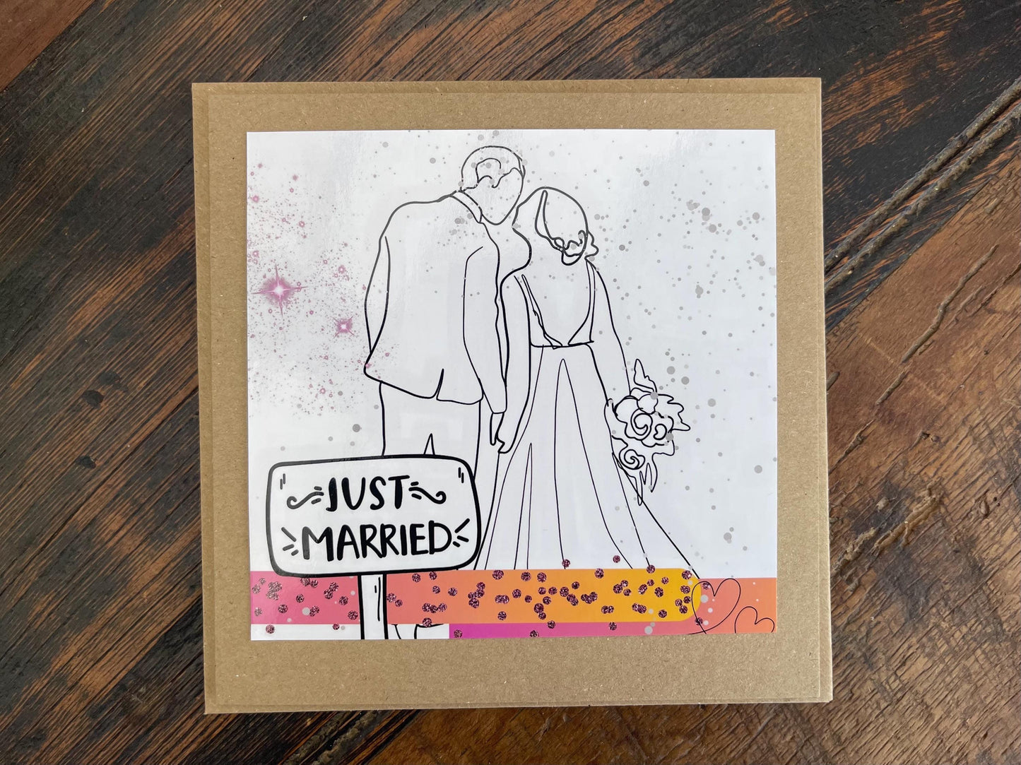 Just married card, recycled handmade wedding card. Homemade wedding card. Eco friendly wedding card. Recycled wedding card.