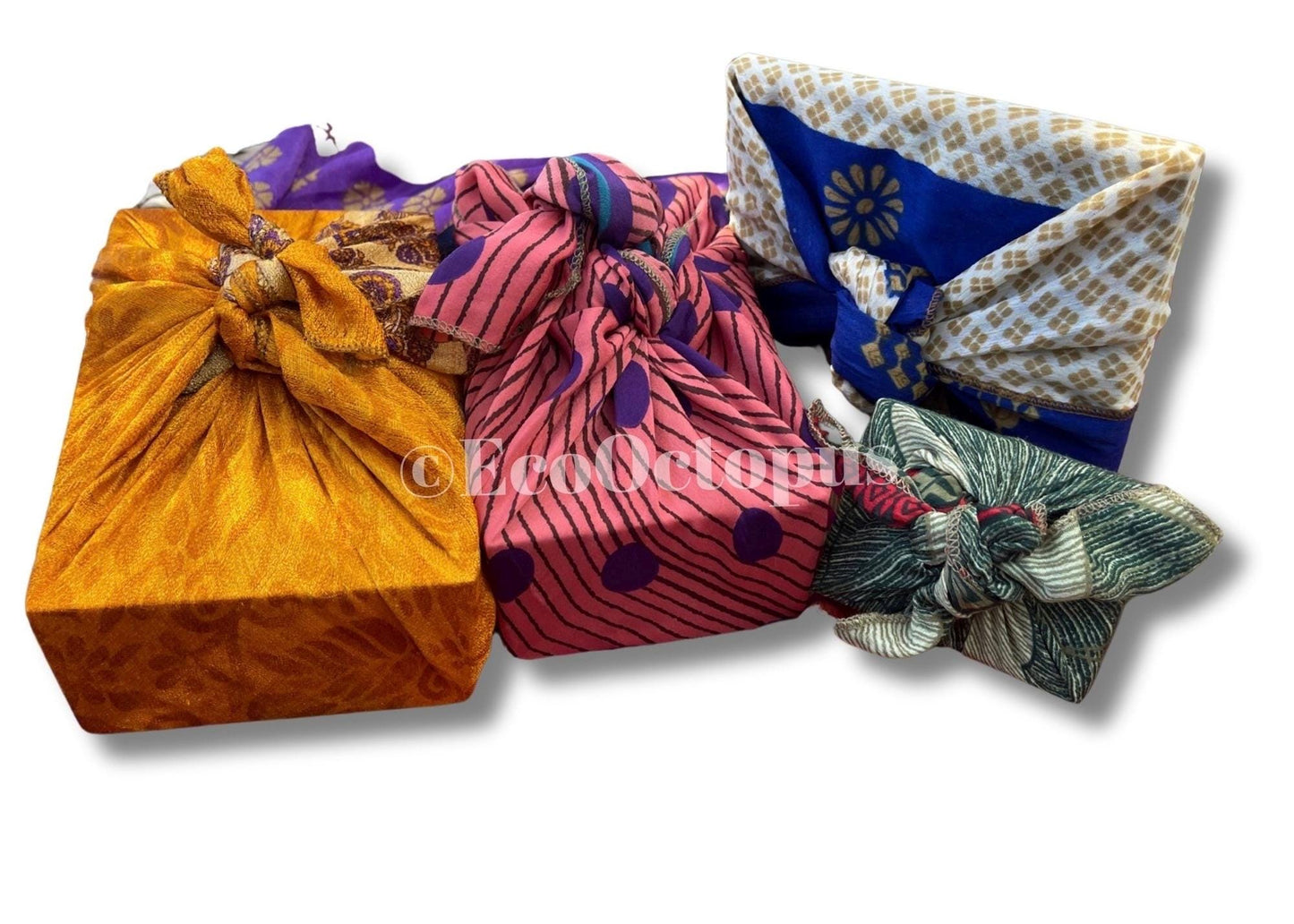 8 pieces of eco friendly sari gift wrap. Made from vintage silks. Ethical stationary. Eco friendly gifts. Re-usable recycled gift wrap.