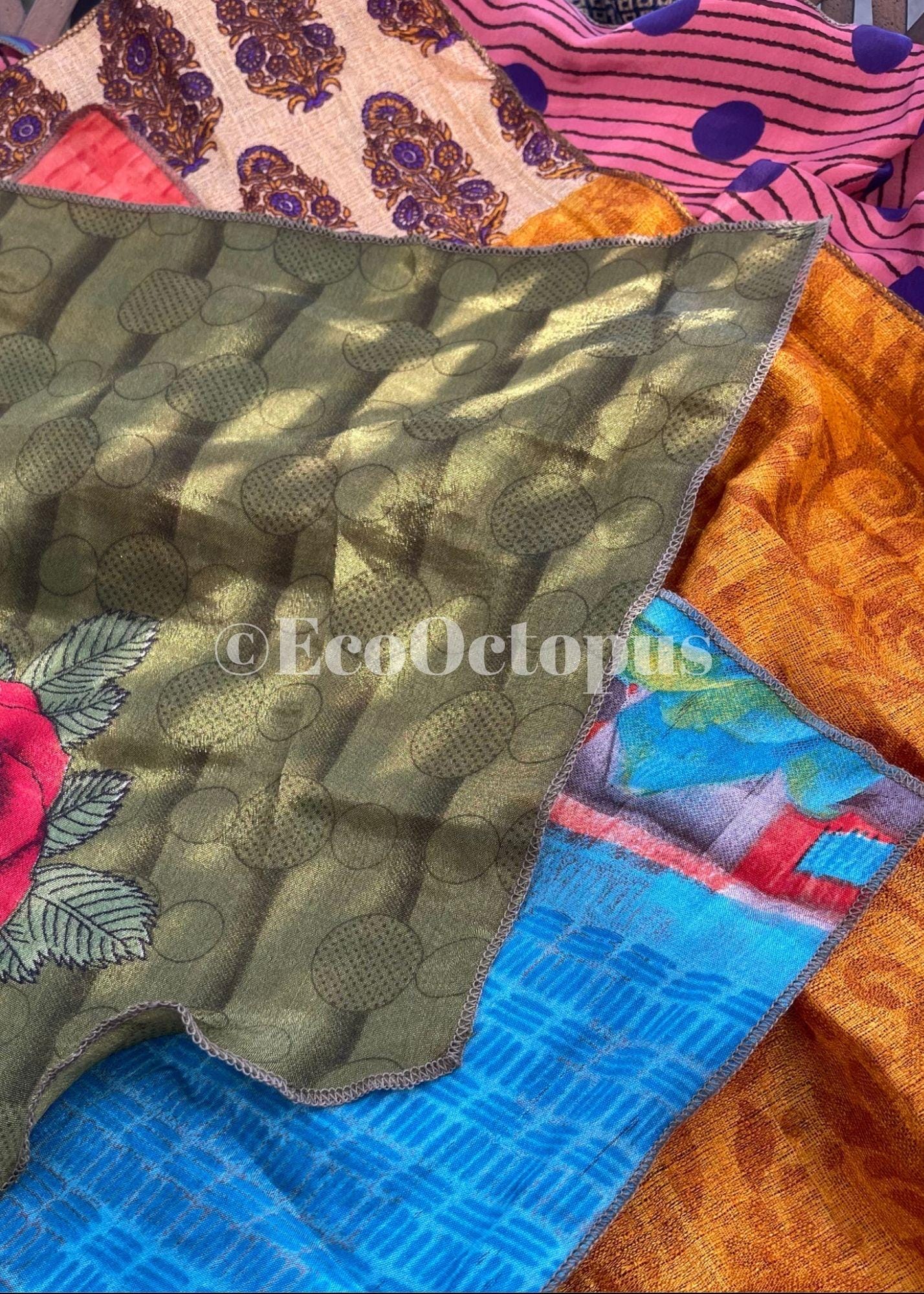 8 pieces of eco friendly sari gift wrap. Made from vintage silks. Ethical stationary. Eco friendly gifts. Re-usable recycled gift wrap.