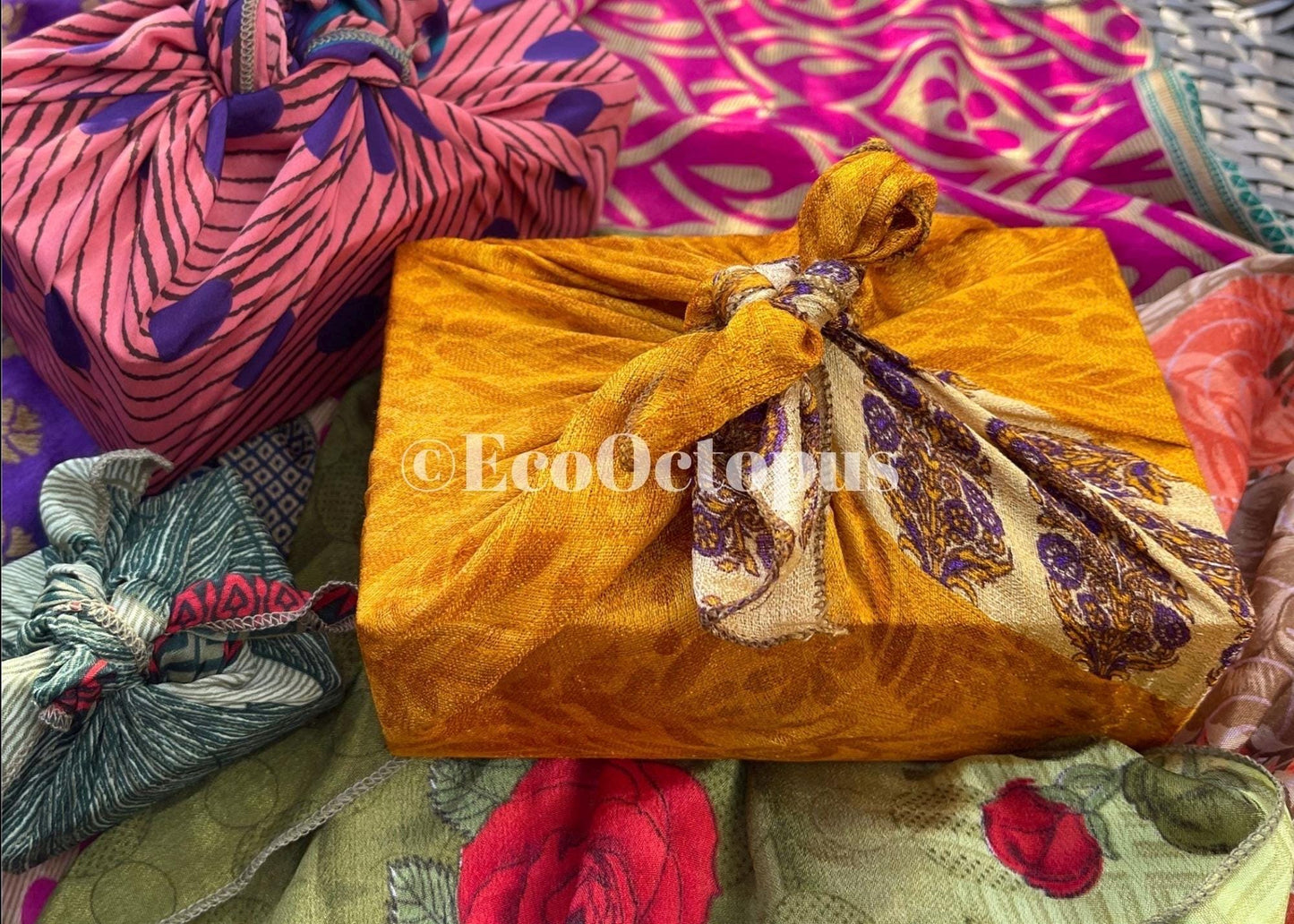 8 pieces of eco friendly sari gift wrap. Made from vintage silks. Ethical stationary. Eco friendly gifts. Re-usable recycled gift wrap.