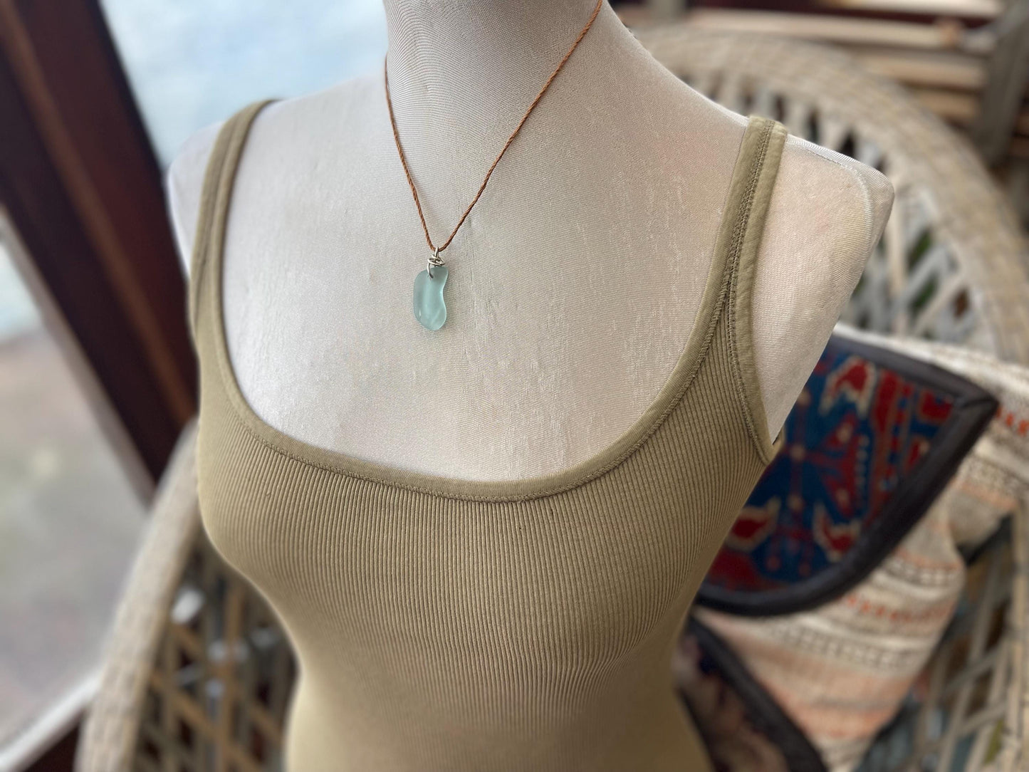 Aqua sea glass necklace. Recycled necklace, gift for him. Ethical jewellery. Sea glass pendant. Eco friendly necklace, boho surf jewellery